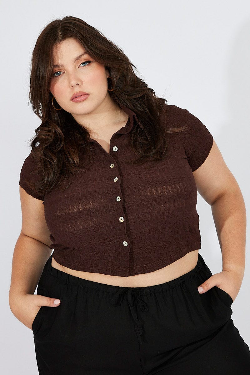 Brown Collared Top Short Sleeve Textured for YouandAll Fashion