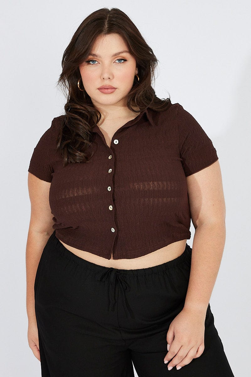 Brown Collared Top Short Sleeve Textured for YouandAll Fashion