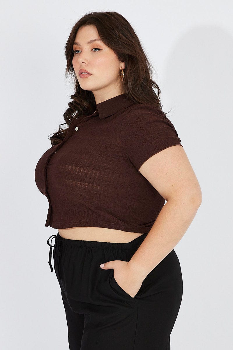 Brown Collared Top Short Sleeve Textured for YouandAll Fashion