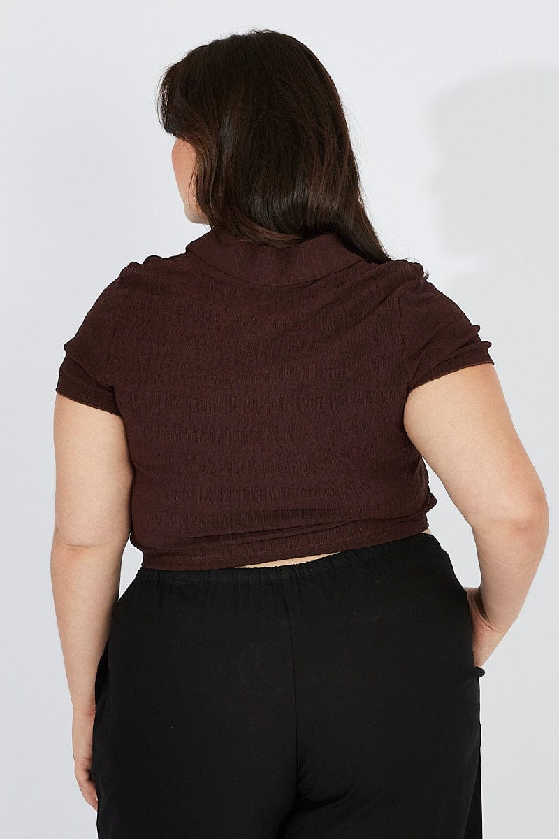 Brown Collared Top Short Sleeve Textured for YouandAll Fashion