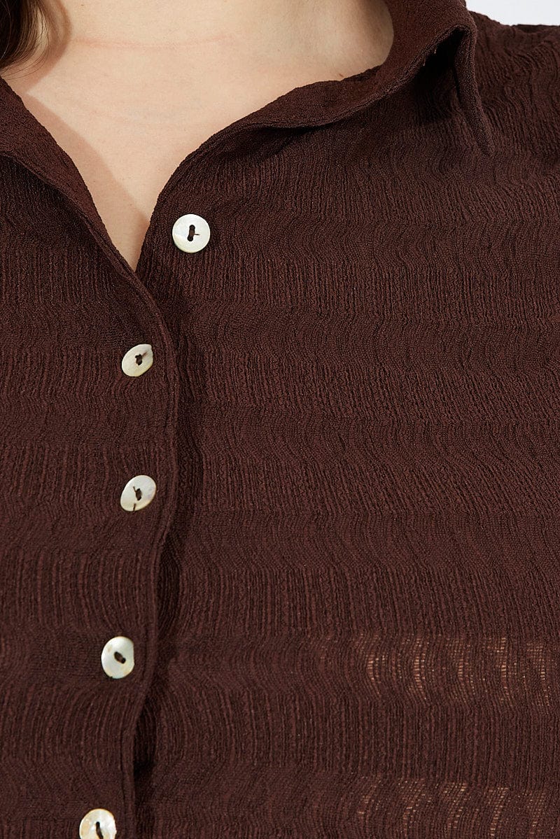 Brown Collared Top Short Sleeve Textured for YouandAll Fashion