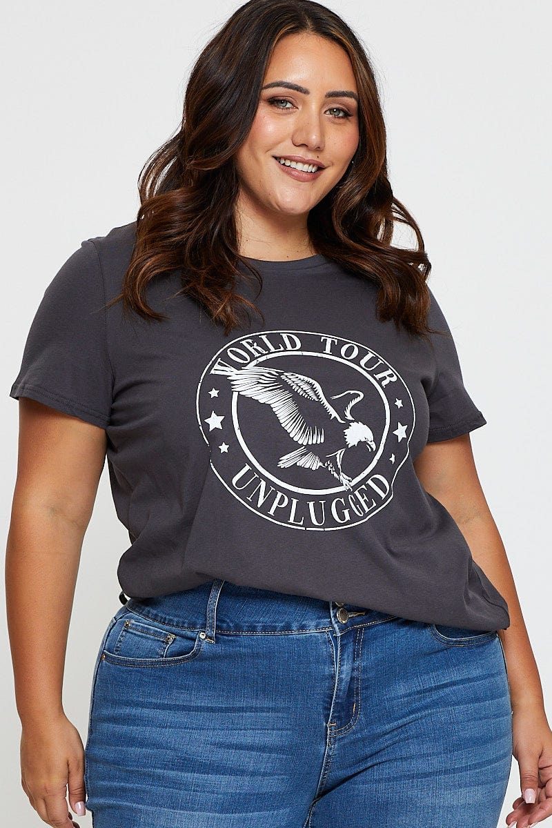 Grey Graphic T-Shirt World Tour Crew Neck Short Sleeve For Women By You And All