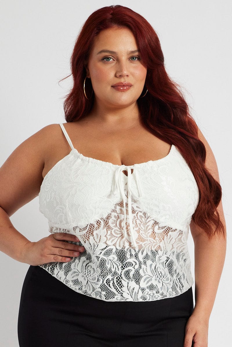 White Lace Singlet Top Sleeveless Longline Tie Front