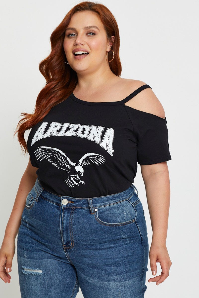 Black Plus Cold Shoulder Graphic T-Shirt For Women By You And All