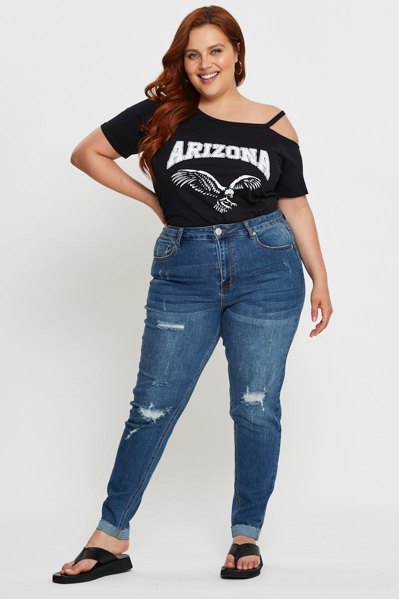 Black Plus Cold Shoulder Graphic T-Shirt For Women By You And All