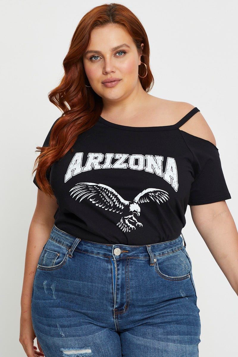 Black Plus Cold Shoulder Graphic T-Shirt For Women By You And All