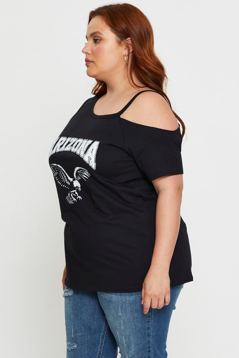 Black Plus Cold Shoulder Graphic T-Shirt For Women By You And All