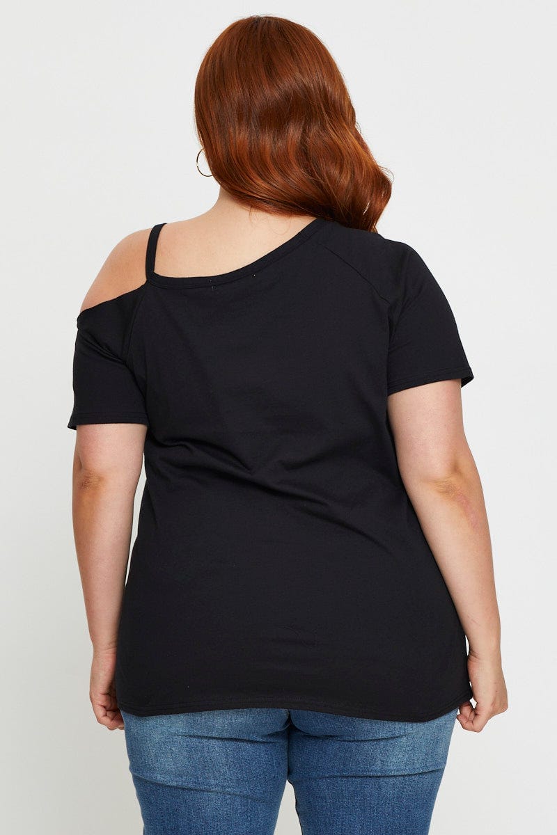 Black Plus Cold Shoulder Graphic T-Shirt For Women By You And All