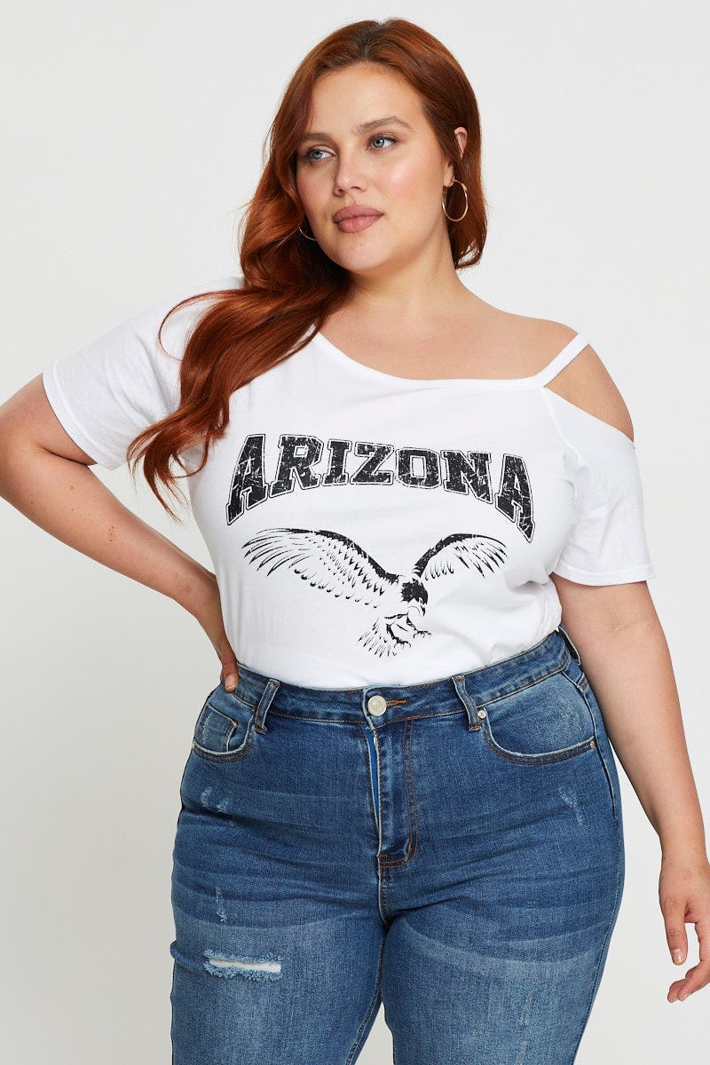 White Graphic T-Shirt Arizona Short Sleeve Cold Shoulder For Women By You And All