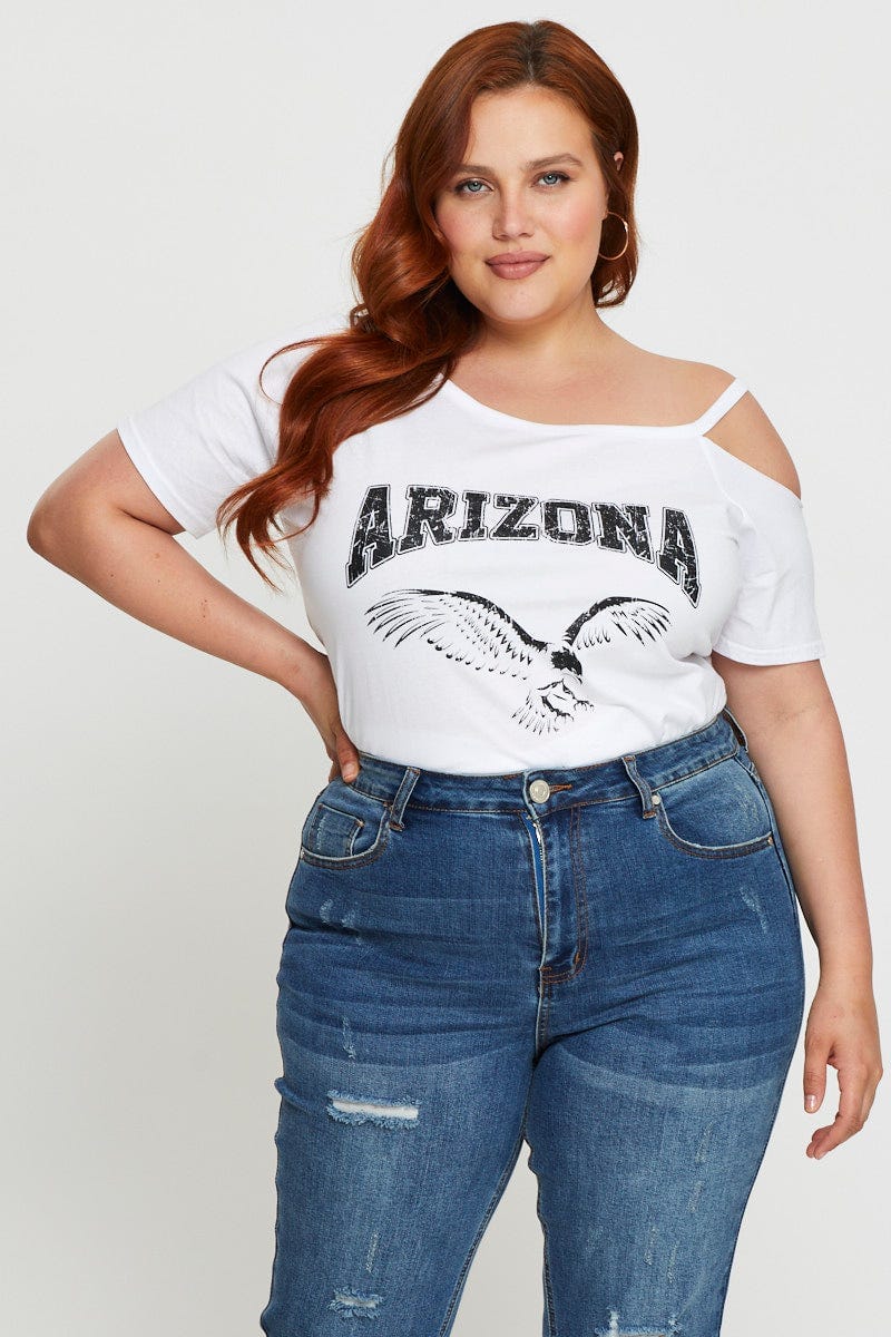 White Graphic T-Shirt Arizona Short Sleeve Cold Shoulder For Women By You And All