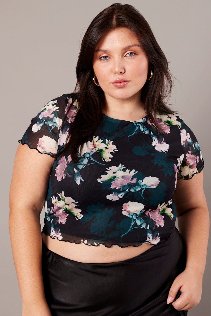 Black Floral Mesh Top Short Sleeve Crew Neck for YouandAll Fashion