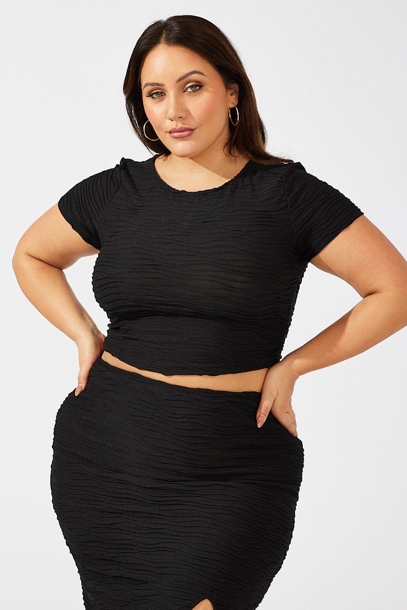 Black Crop Top Short Sleeve Round Neck Textured Jersey for YouandAll Fashion