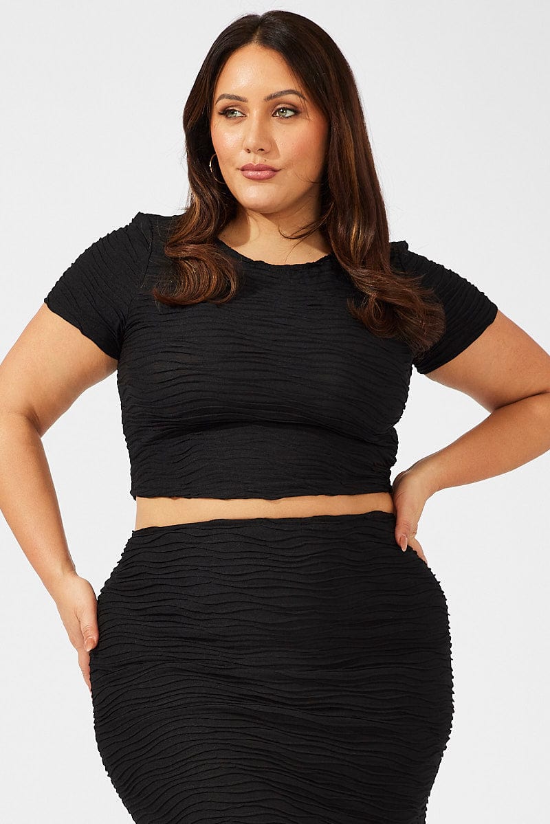 Black Crop Top Short Sleeve Round Neck Textured Jersey for YouandAll Fashion
