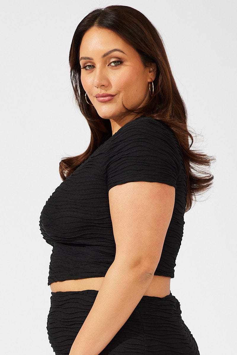 Black Crop Top Short Sleeve Round Neck Textured Jersey for YouandAll Fashion