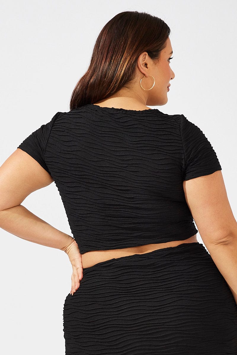 Black Crop Top Short Sleeve Round Neck Textured Jersey for YouandAll Fashion