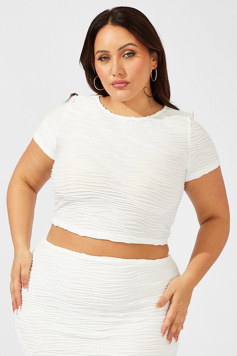 White Crop Top Short Sleeve Round Neck Textured Jersey for YouandAll Fashion