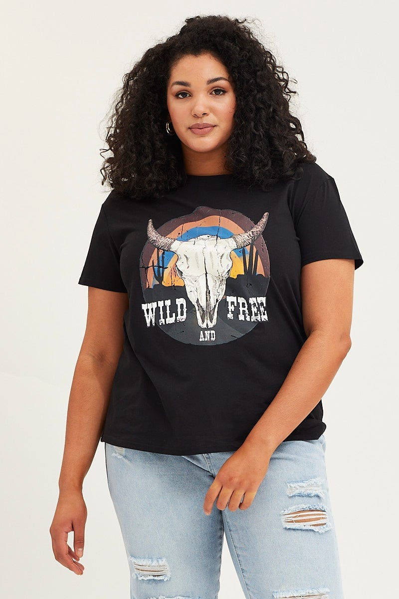 Black Graphic T-Shirt Cowboy Crew Neck Puff Sleeve For Women By You And All