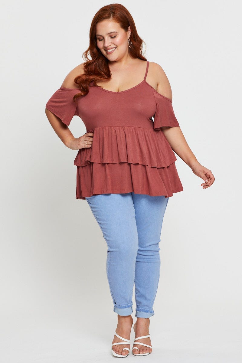 Rust Tiered Top Cold Shoulder Scoop Neck Jersey Peplum For Women By You And All