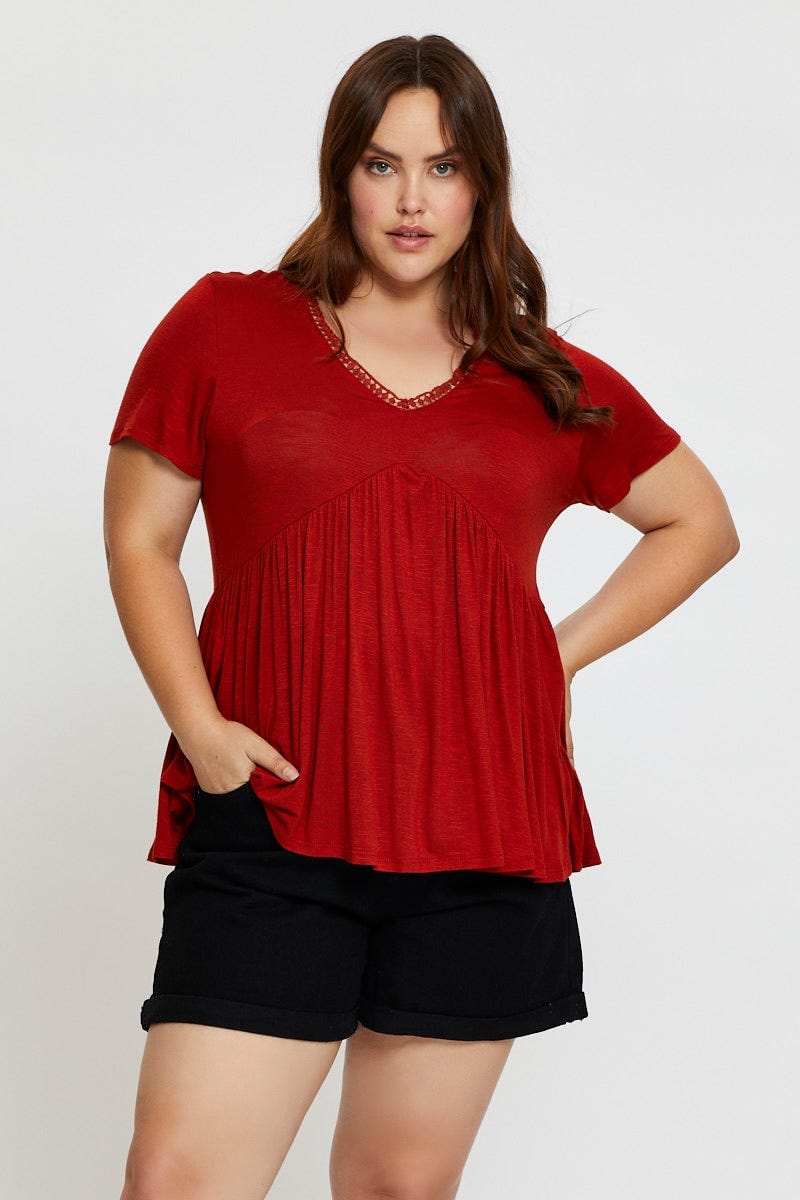 Rust Peplum Top Lace Trim V-Neck Short Sleeve for Women by You and All