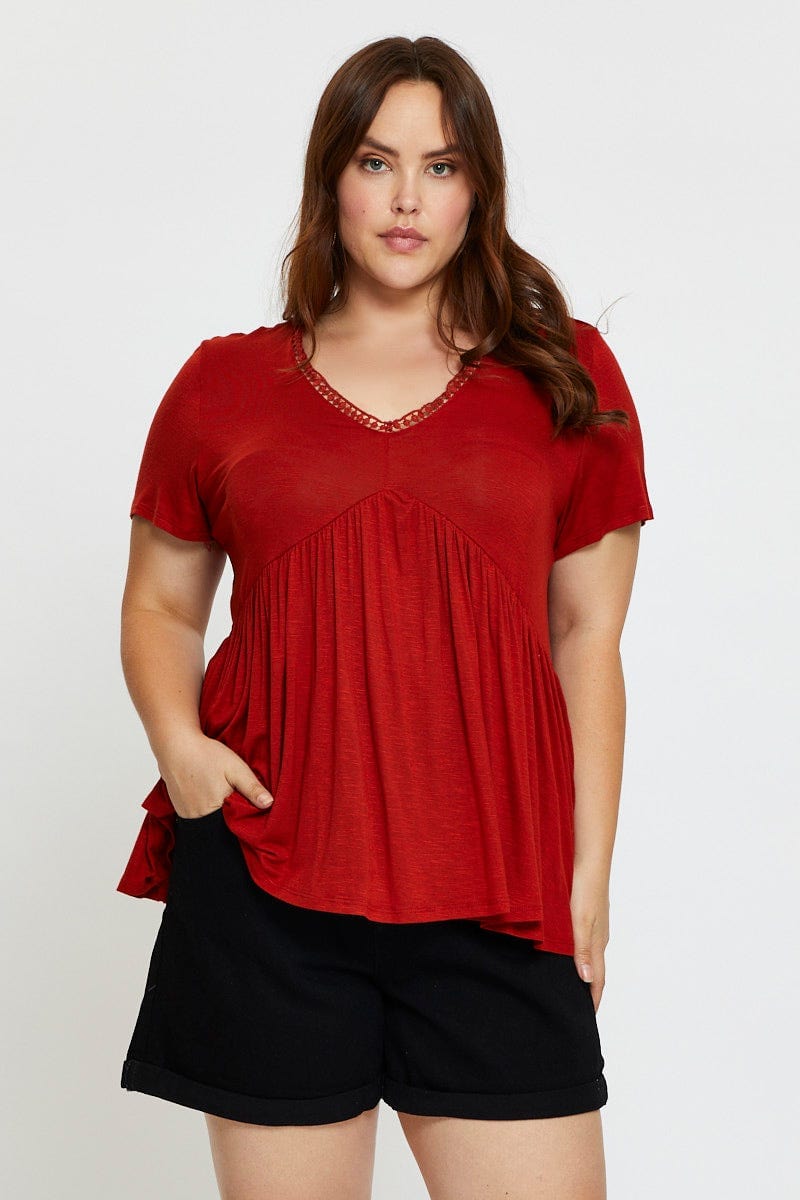 Rust Peplum Top Lace Trim V-Neck Short Sleeve for Women by You and All
