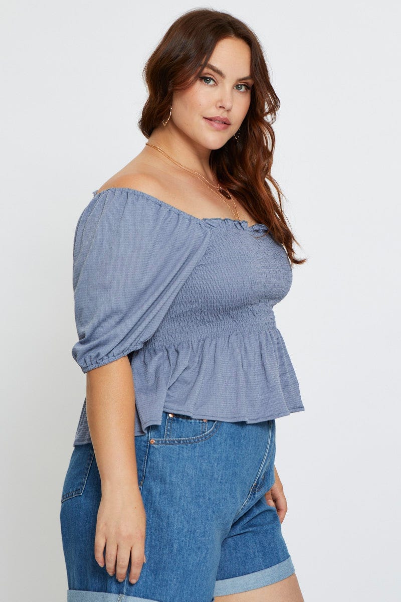 Blue Peplum Top Off The Shoulder Puff Sleeve Shirred for Women by You and All