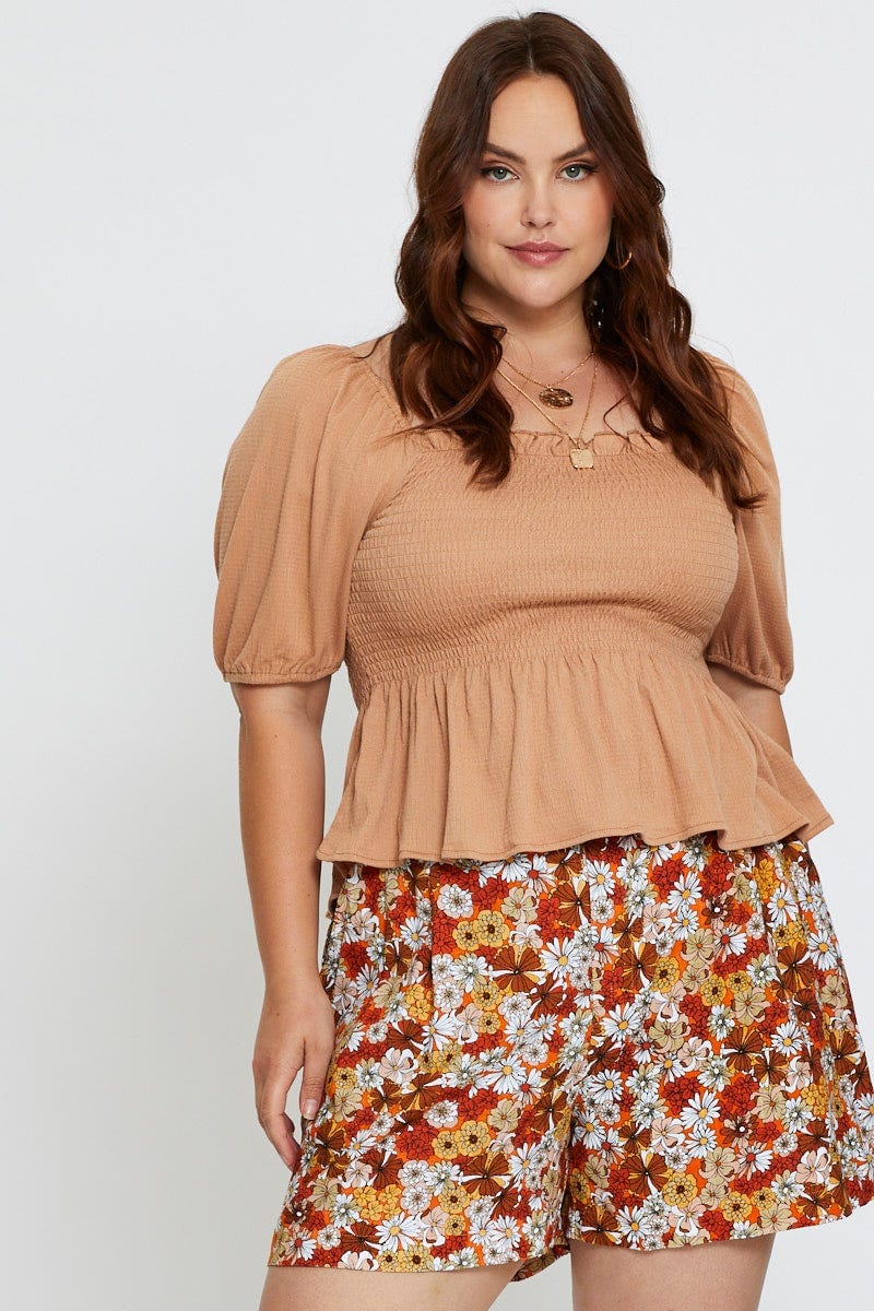Brown Peplum Top Off The Shoulder Puff Sleeve Shirred for Women by You and All