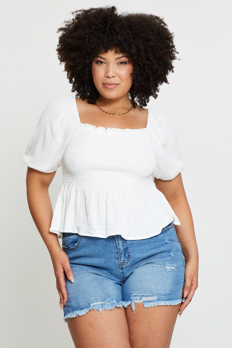 White Peplum Top Off The Shoulder Puff Sleeve Shirred for Women by You and All