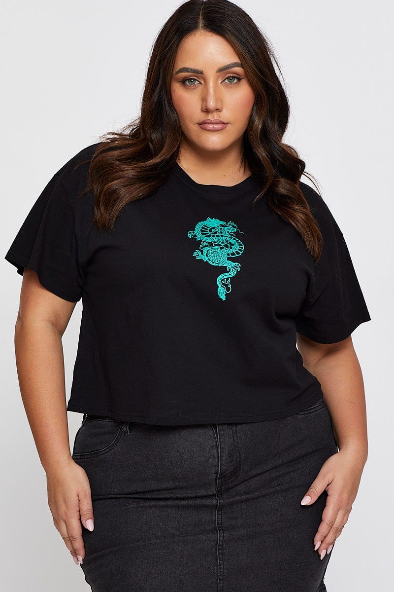 Black Sleeve T-Shirt Embroidered Dragon Crew Neck Short For Women By You And All