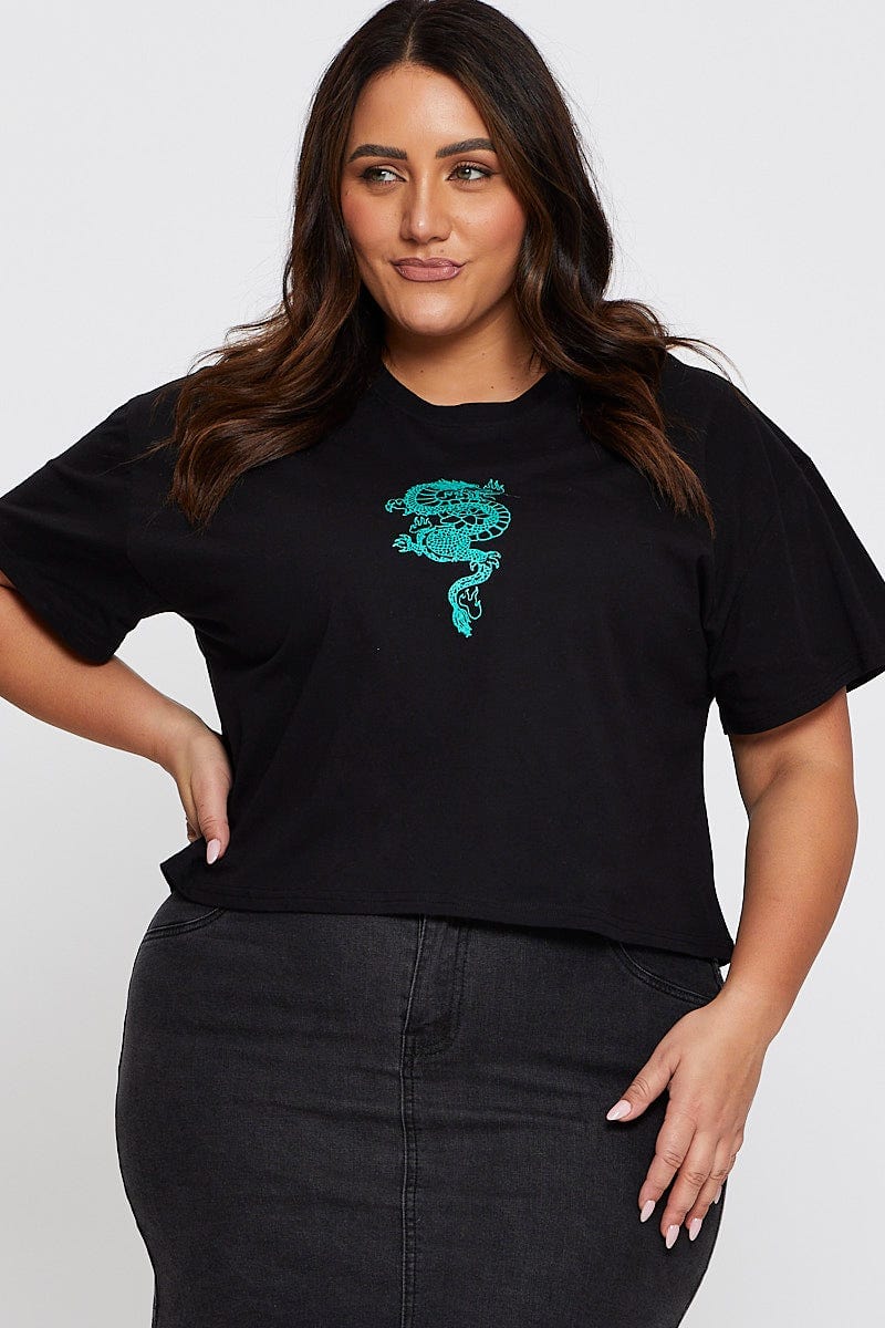 Black Sleeve T-Shirt Embroidered Dragon Crew Neck Short For Women By You And All