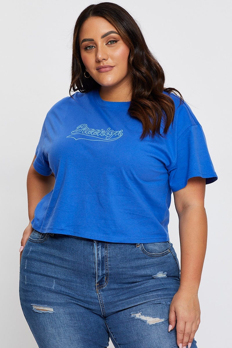 Mid Blue Graphic T-Shirt Brooklyn Crew Neck Short Sleeve For Women By You And All