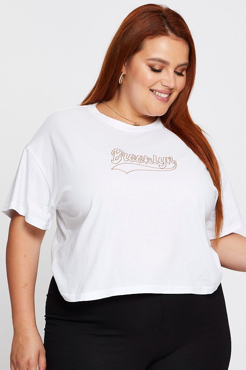 White Short Sleeve Brooklyn Semi Crop T Shirt For Women By You And All