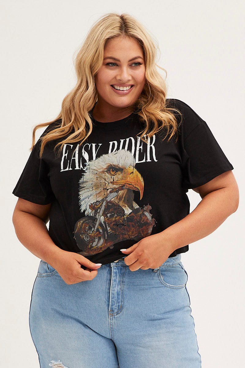 BLACK Crop T-Shirt Short Sleeve Easy Rider Cotton