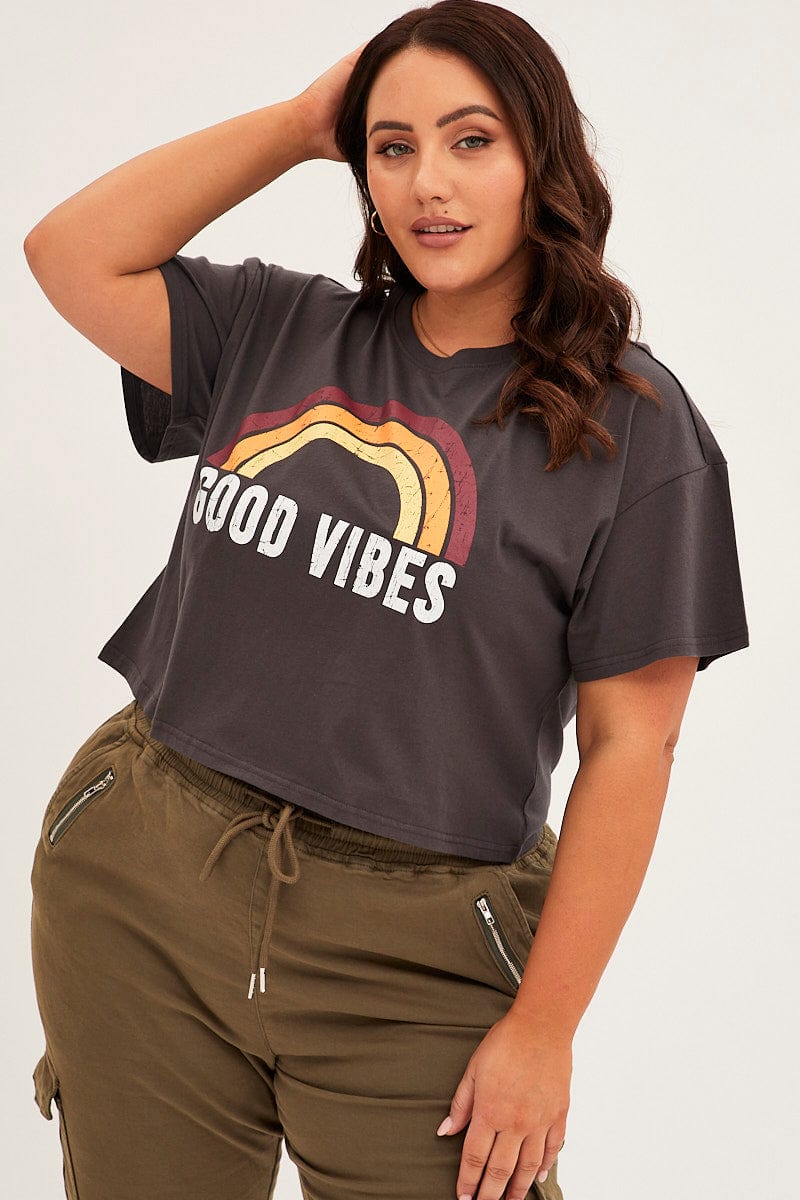 Grey Short Sleeve Crop Good Vibes Cotton T-Shirt for YouandAll Fashion