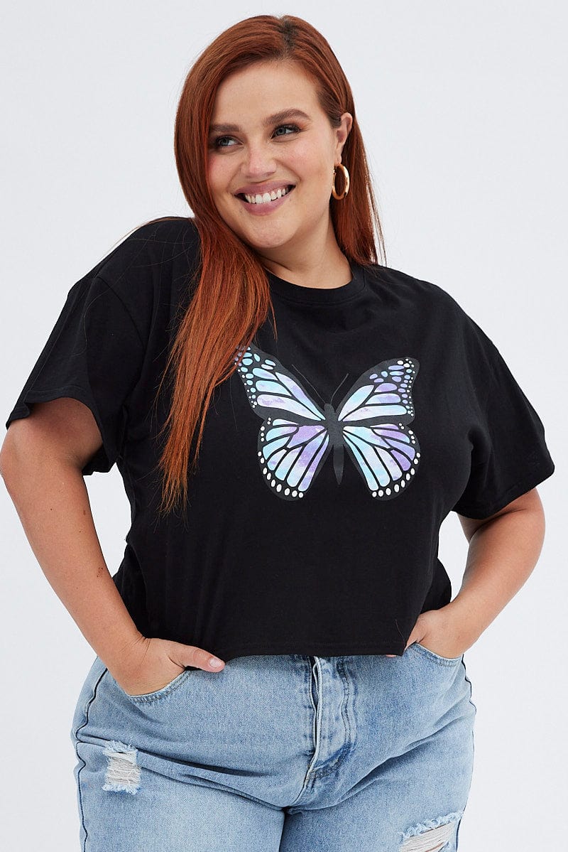 Black Graphic T-Shirt Tie Dye Crop Butterfly Cotton for YouandAll Fashion