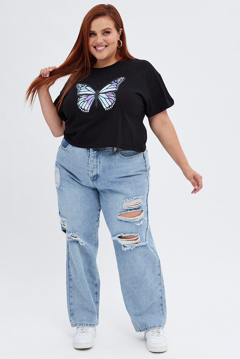 Black Graphic T-Shirt Tie Dye Crop Butterfly Cotton for YouandAll Fashion