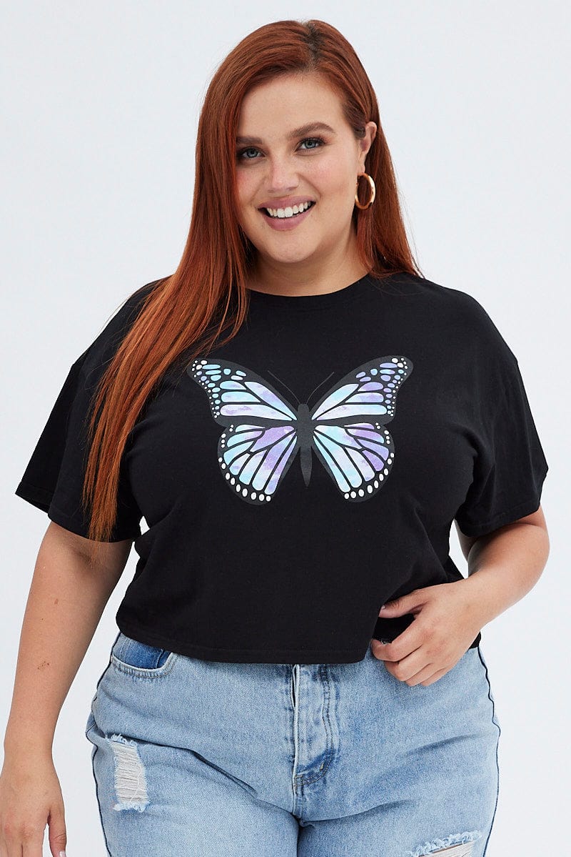 Black Graphic T-Shirt Tie Dye Crop Butterfly Cotton for YouandAll Fashion