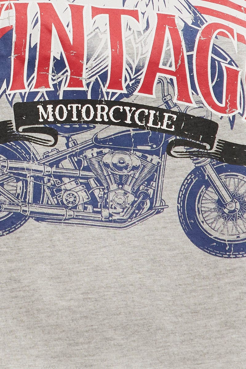 Grey Graphic T-Shirt Vintage Bike Crop Cotton for YouandAll Fashion