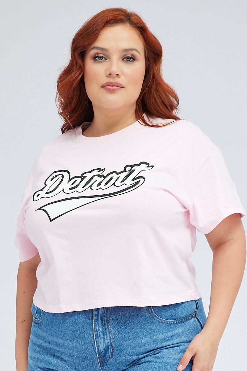 Pink Graphic T-Shirt Detroit Crop Cotton for YouandAll Fashion