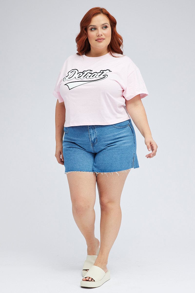 Pink Graphic T-Shirt Detroit Crop Cotton for YouandAll Fashion