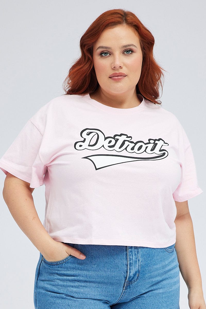 Pink Graphic T-Shirt Detroit Crop Cotton for YouandAll Fashion