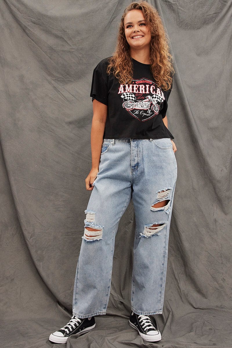 Black Graphic T-Shirt American Vintage Crop Cotton for YouandAll Fashion