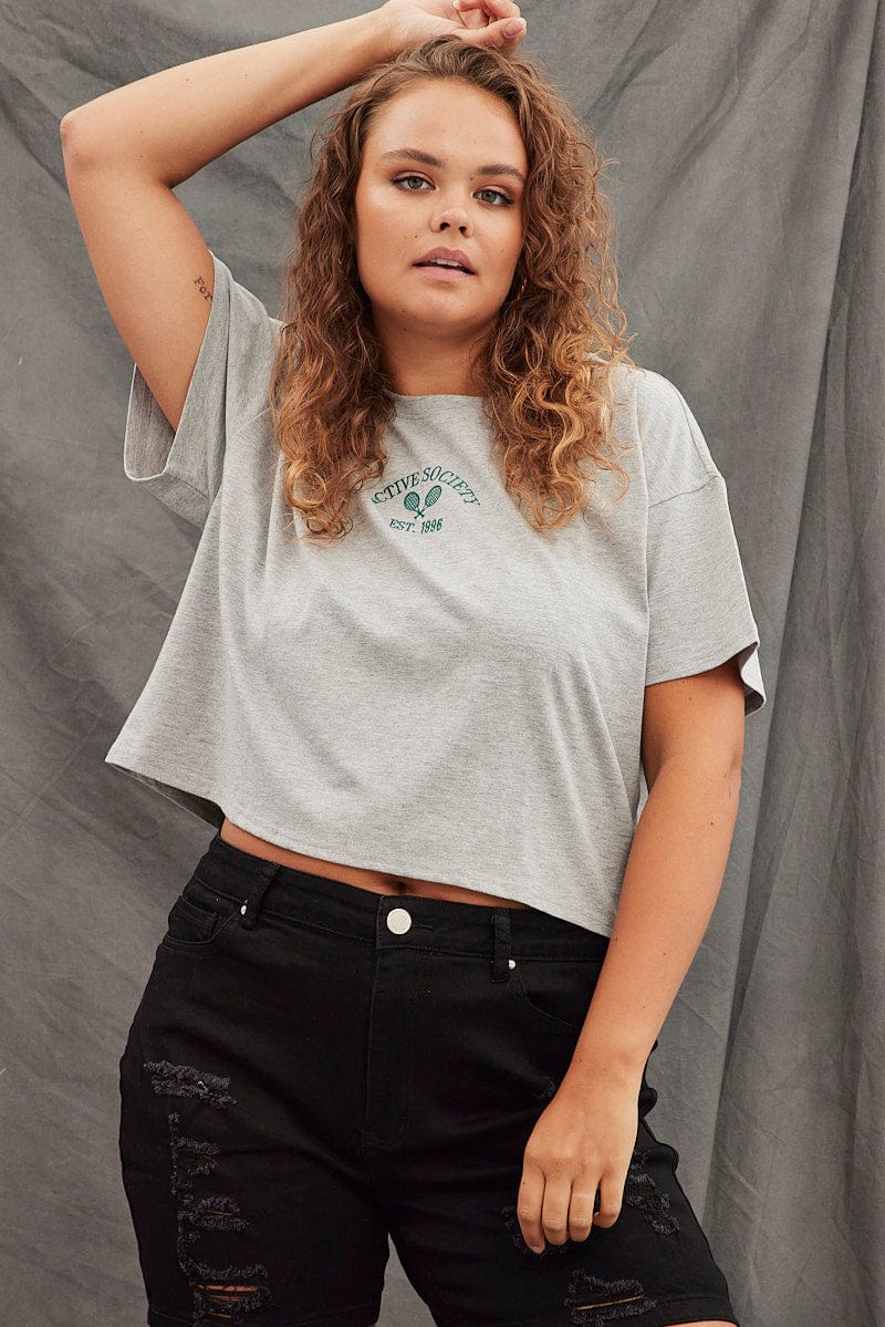 Grey Cotton T-Shirt Tennis Embroidery Crop for YouandAll Fashion