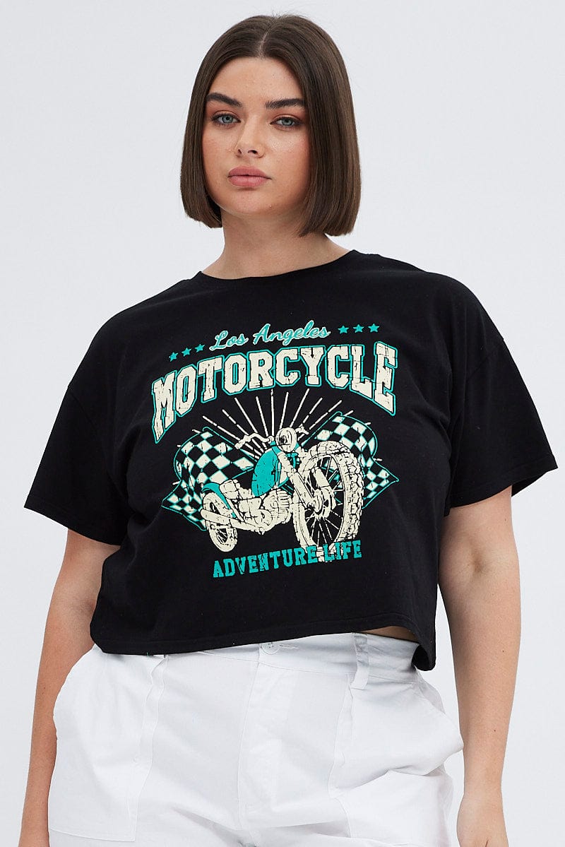 Black Graphic T-Shirt LA Motorcycle Cotton Crop Jersey for YouandAll Fashion