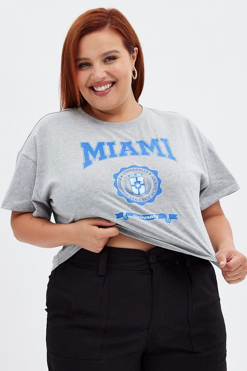 Grey Graphic T-Shirt Miami Crop Cotton Jersey for YouandAll Fashion