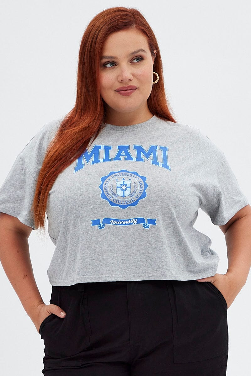 Grey Graphic T-Shirt Miami Crop Cotton Jersey for YouandAll Fashion