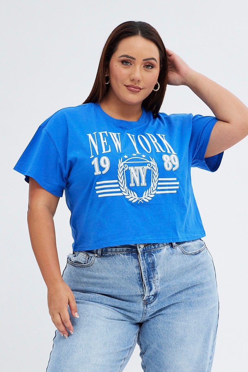 Blue Graphic T-Shirt New York Crop Cotton Jersey for YouandAll Fashion