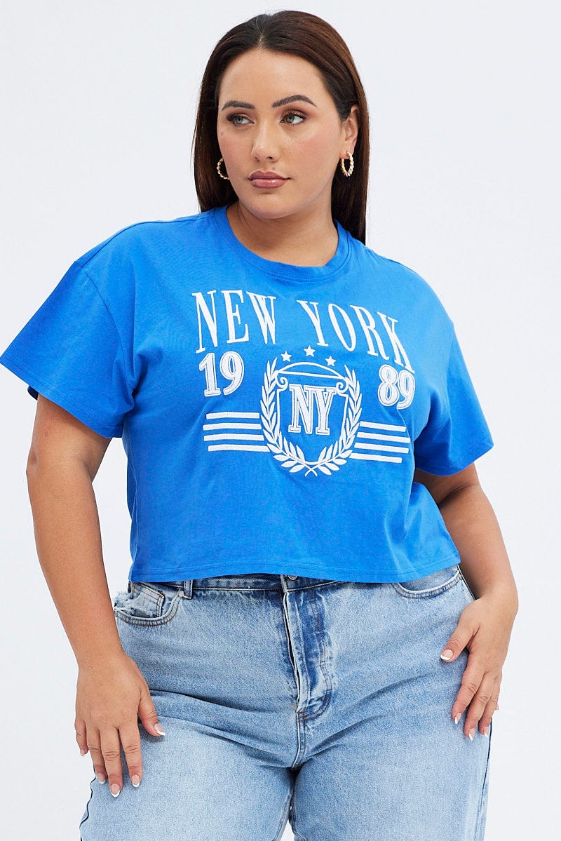 Blue Graphic T-Shirt New York Crop Cotton Jersey for YouandAll Fashion