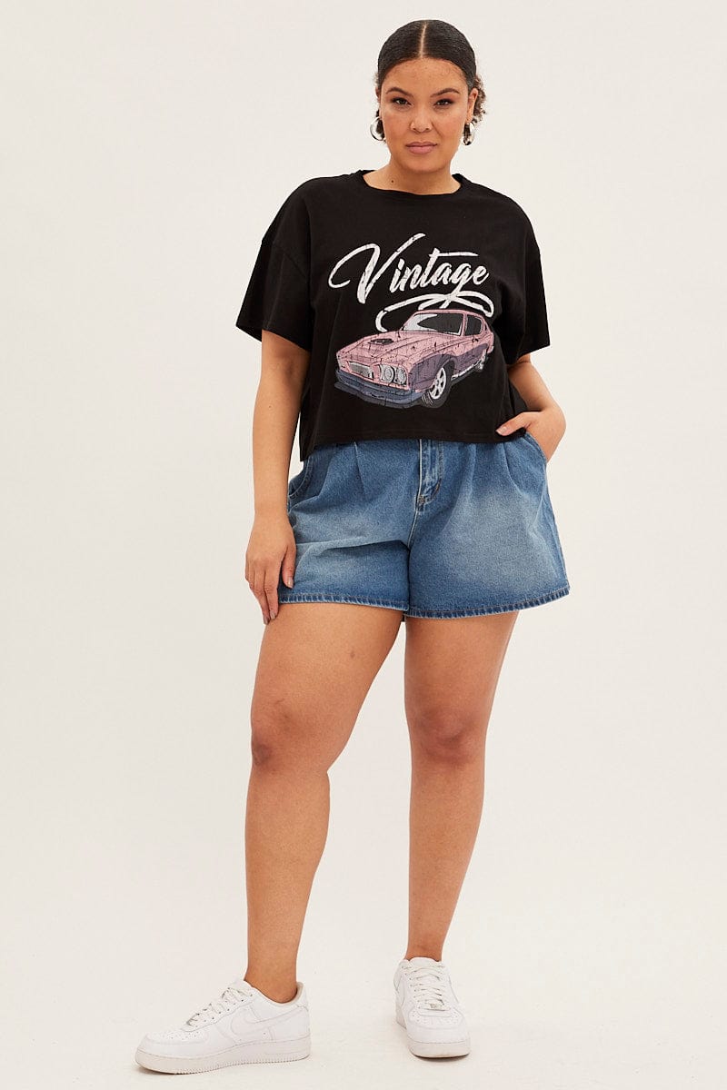 Black Sleeve T-Shirt Vintage Crew Neck Short for YouandAll Fashion