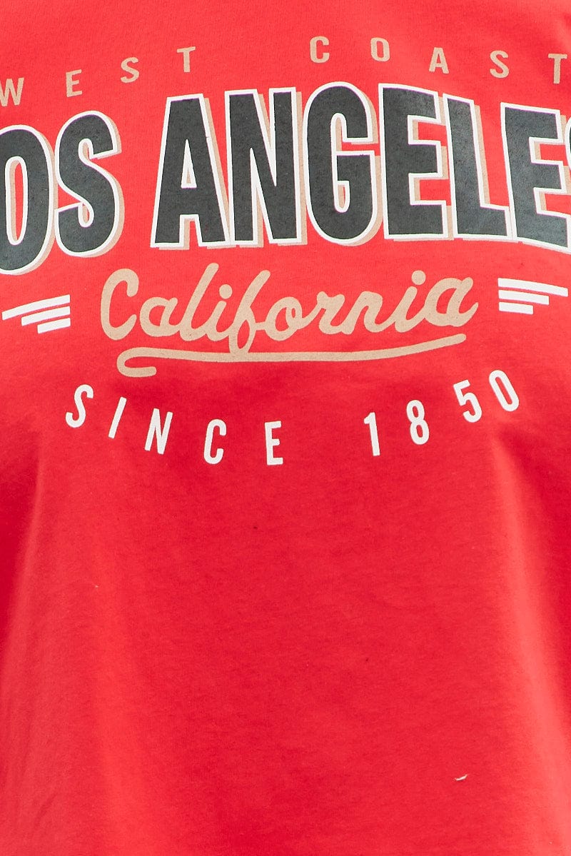 Red Graphic T-Shirt Los Angeles Crop Cotton for YouandAll Fashion