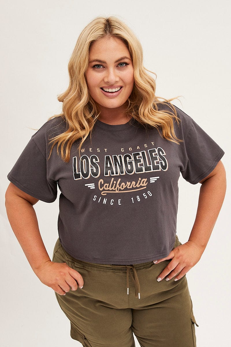 GREY Cotton T-Shirt Embroidered Los Angeles